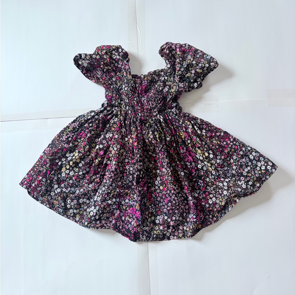 GAP Baby Black smocked dress with Pink and White Floral Accents 3y